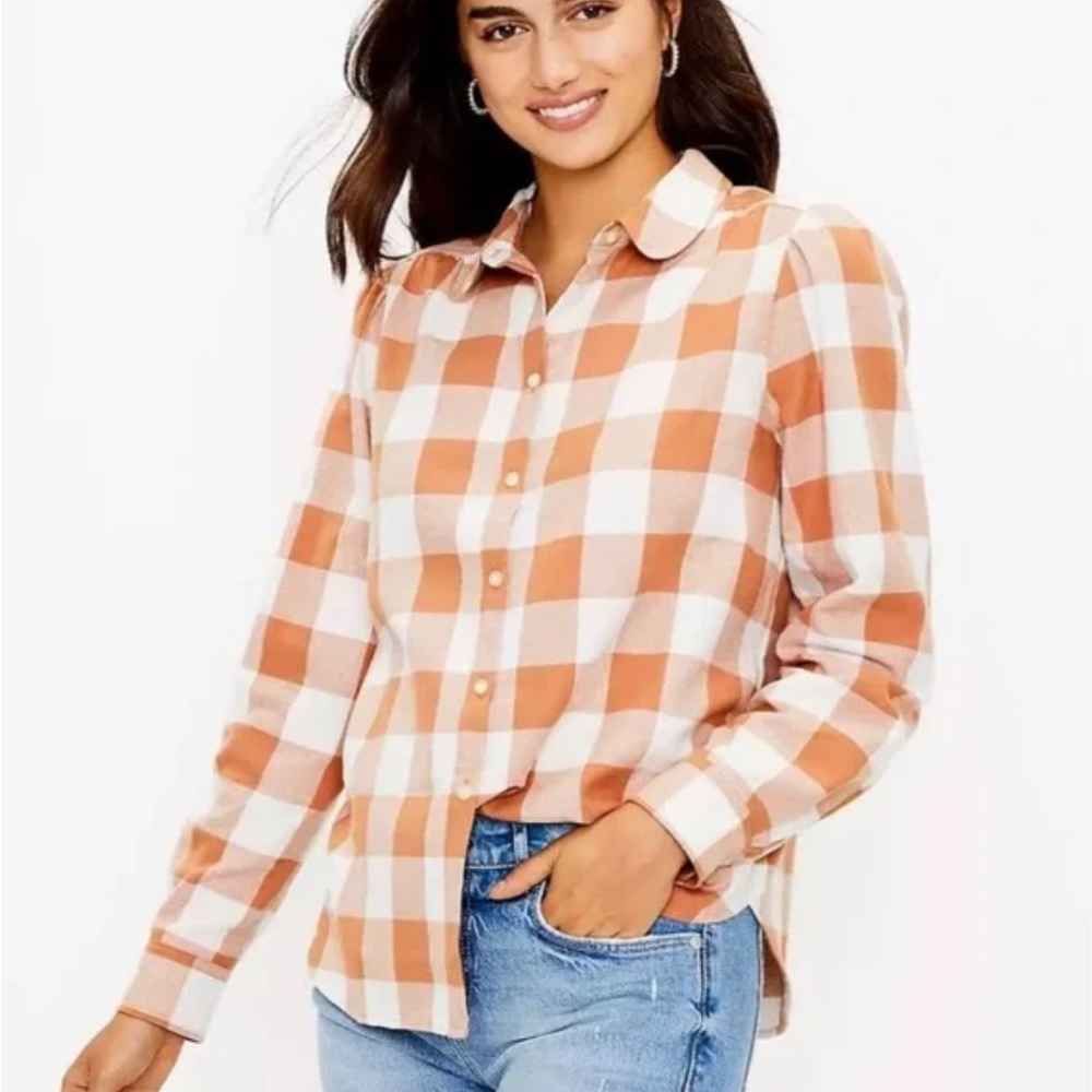 Loft long sleeve button down with orange and white checkered pattern with collar
